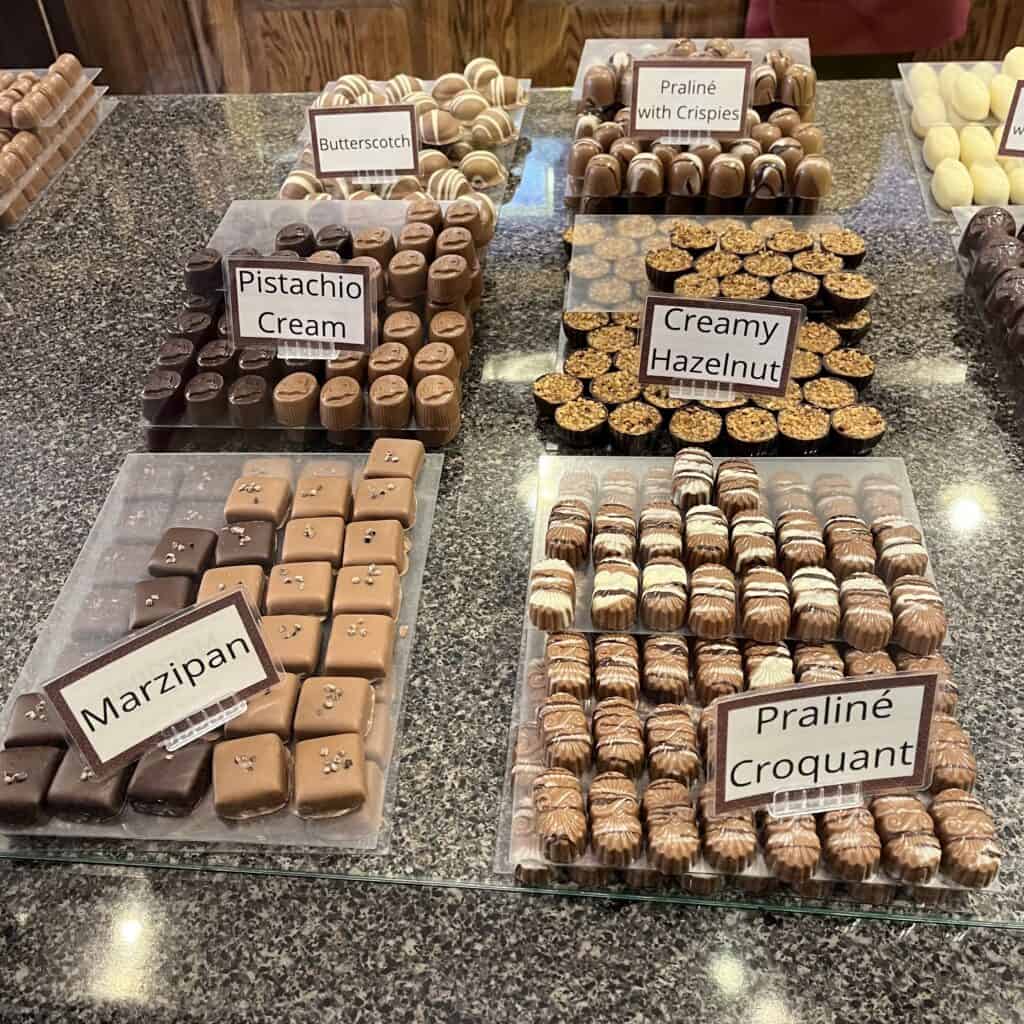 chocolate display at Stam Chocolaterie in Ames Iowa