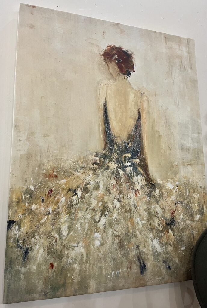a painting of the back of a woman in a long gown